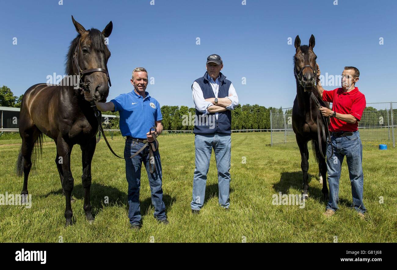 Epsom Derby Winner Golden Horn con il gestore Michael Curran (a sinistra) e l'allenatore John Gosden (al centro) accanto al secondo posto Jack Hobbs durante una fotocellula a Clarehaven Stables, Newmarket. Foto Stock