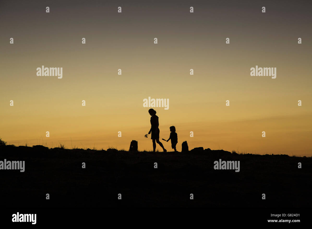 Silhouette donna e ragazzo camminando sul campo contro il cielo chiaro durante il tramonto Foto Stock