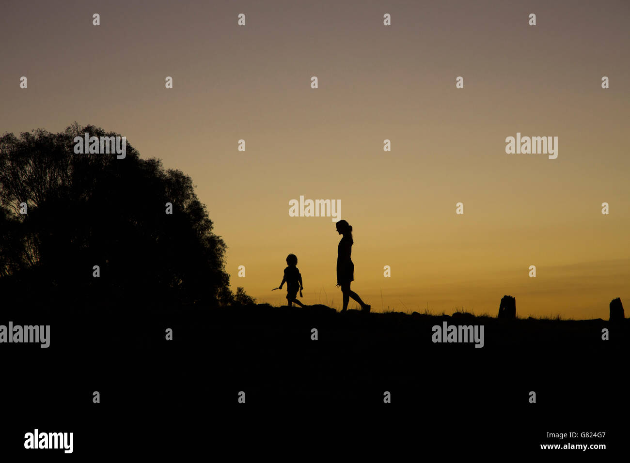 Silhouette ragazzo e ragazza camminare sul campo contro il cielo chiaro durante il tramonto Foto Stock
