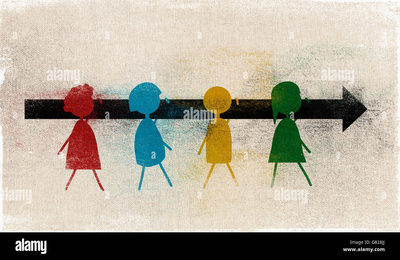Colorato persone che esercitano il simbolo a forma di freccia Foto Stock