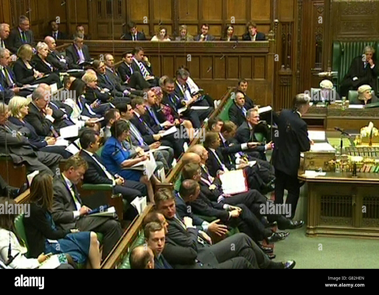 Il Segretario agli Esteri Philip Hammond parla alla Camera dei Comuni, Londra, durante un dibattito sul progetto di legge per un referendum europeo. Foto Stock