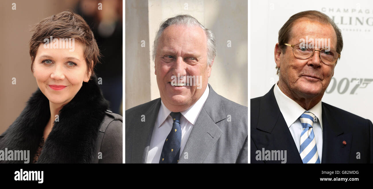 File foto di (da sinistra) Maggie Gyllenhaal, Frederick Forsyth e Sir Roger Moore. Foto Stock