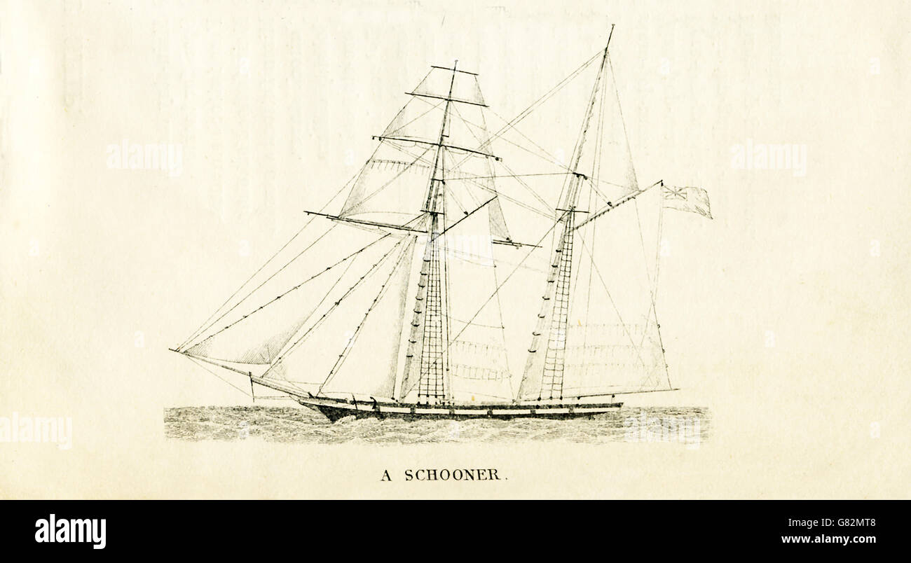 Qui illustrato è una Goletta. L'illustrazione delle date per il 1800s. Foto Stock