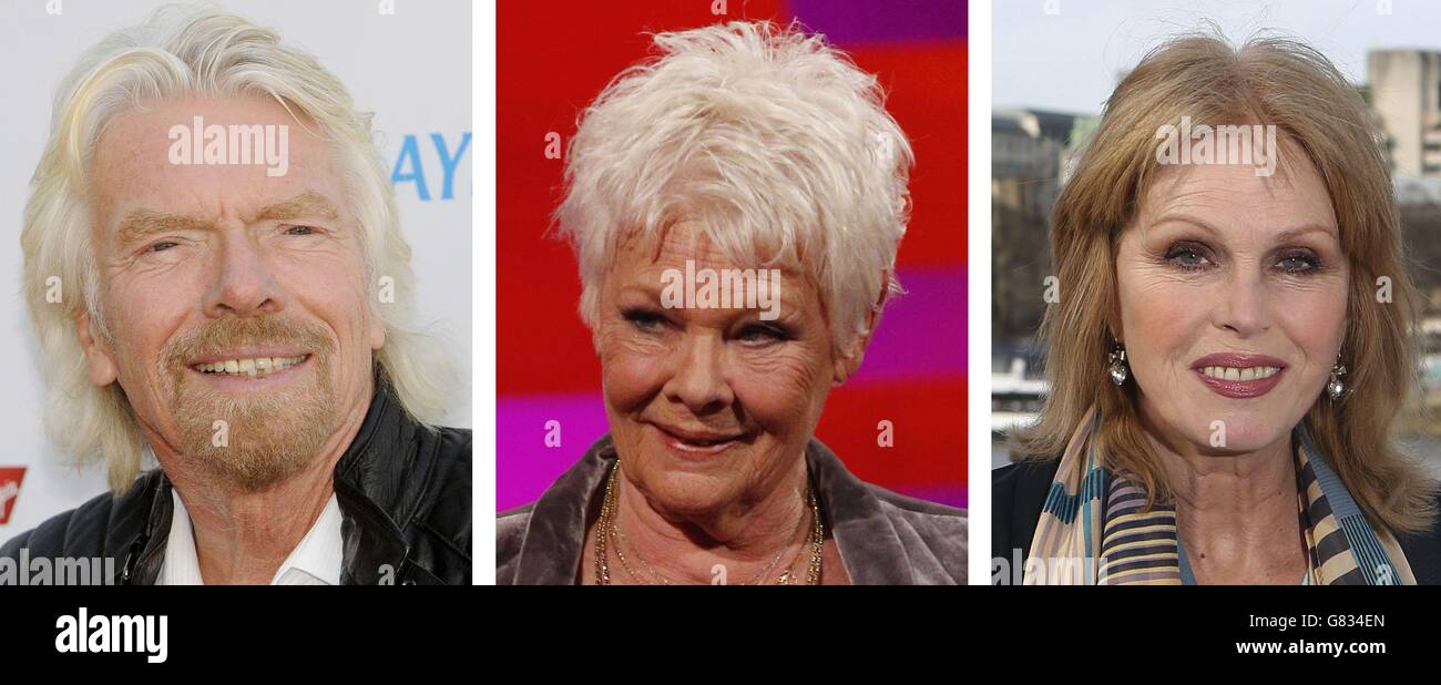 File foto di (da sinistra) Sir Richard Branson, Dame Judi Dench e Joanna Lumley. Foto Stock