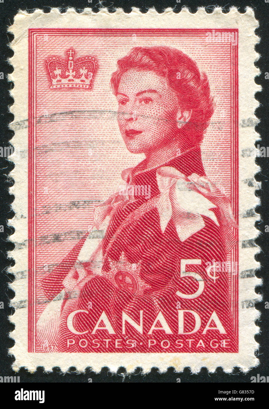 CANADA - 1957 CIRCA: timbro stampato dal Canada, mostra la regina Elisabetta II, 1957 circa Foto Stock