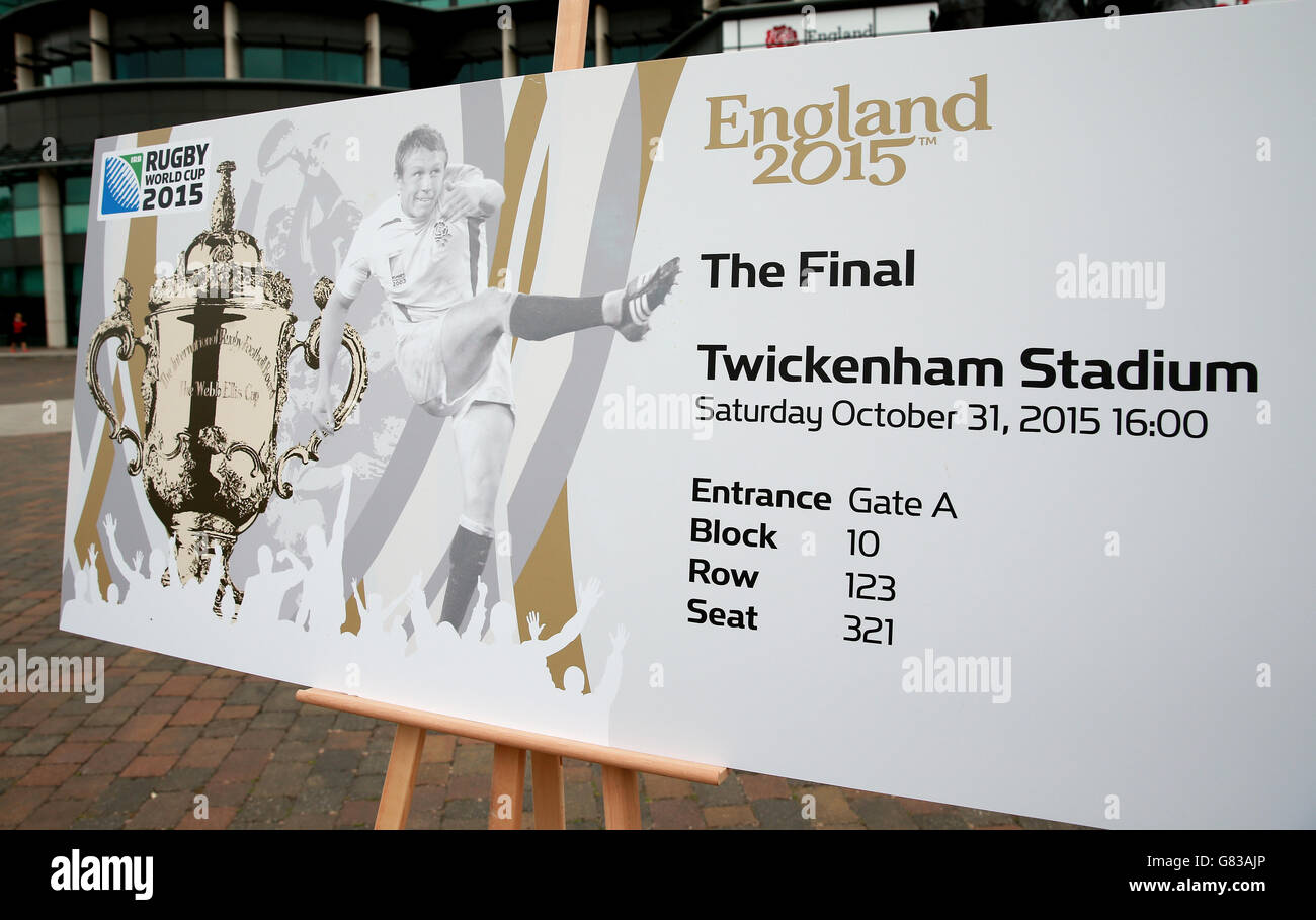 L'immagine della finale della Coppa del mondo di Rugby 2015 nel corso di un evento mediatico che presenta il progetto del biglietto per la Coppa del mondo di Rugby 2015 a Twickenham, Londra. Foto Stock