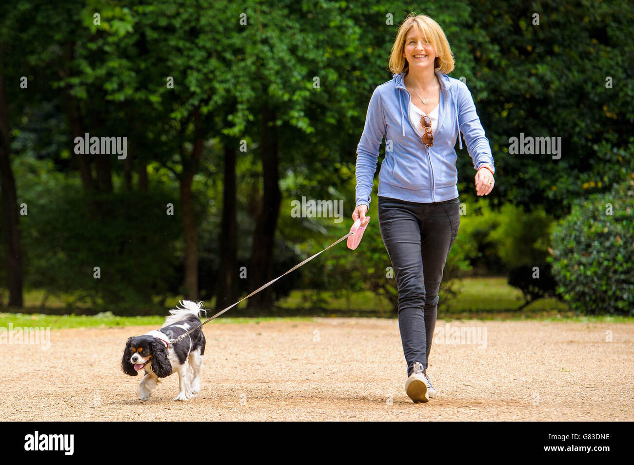 Loose Women presenter Kaye Adams cammina King Charles Spaniel McNultured in Lincoln's Inn Field a Londra, per lanciare Fetch PET Dinners, una campagna che mira a educare la nazione circa alimentazione animale domestico. Foto Stock