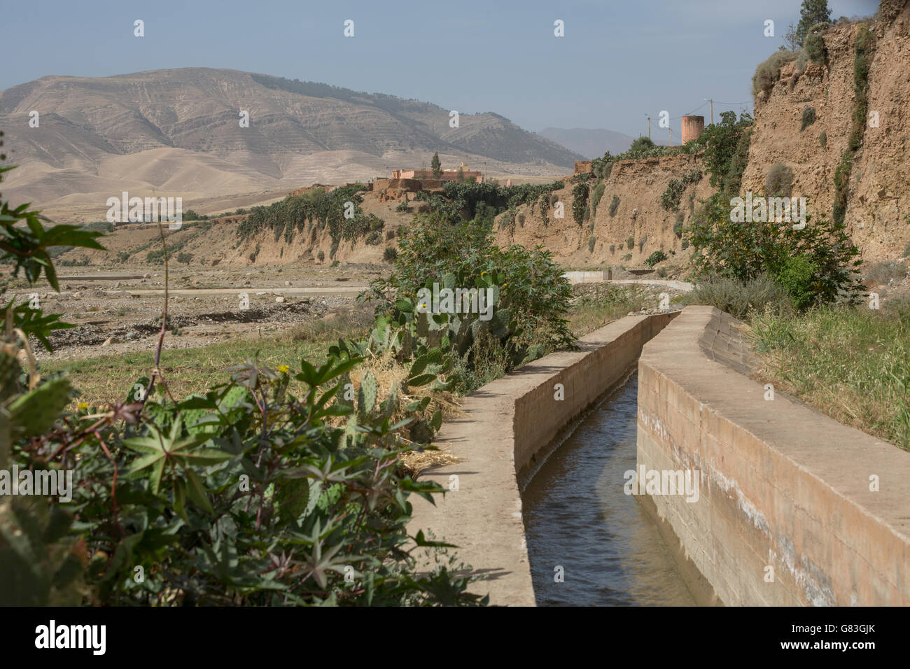 Il canale di irrigazione in Chichaoua Prov. ha portato a un aumento della produttività per gli agricoltori in questa area a secco del Marocco. Foto Stock