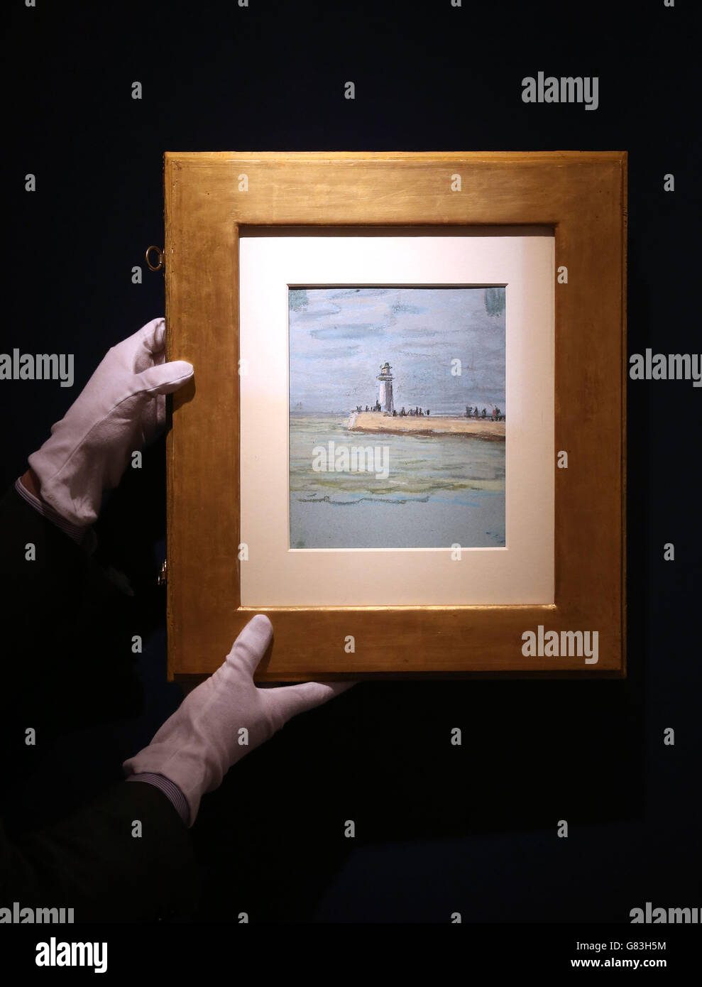 Le Havre, la jetee, circa 1868, un pastello mai visto prima da Claude Monet che è stato trovato sul retro di un altro pastello, e nascosto per 90 anni, per la vendita a &Pound;1,400,000 al capolavoro di Londra 2015, al Royal Hospital Chelsea, Londra. Foto Stock