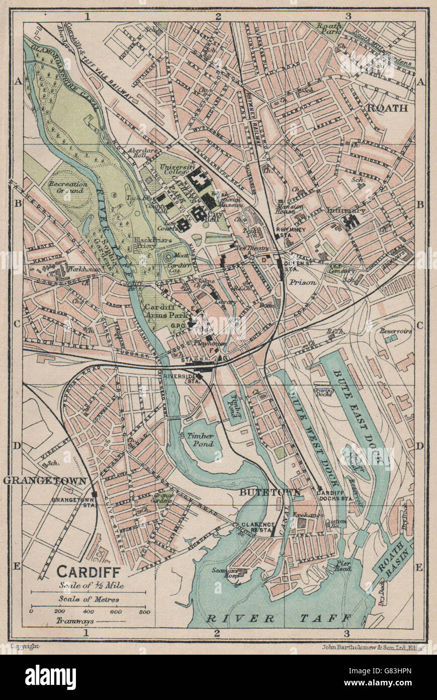 CARDIFF. Vintage town mappa della città piano. Il Galles, 1922 Foto Stock