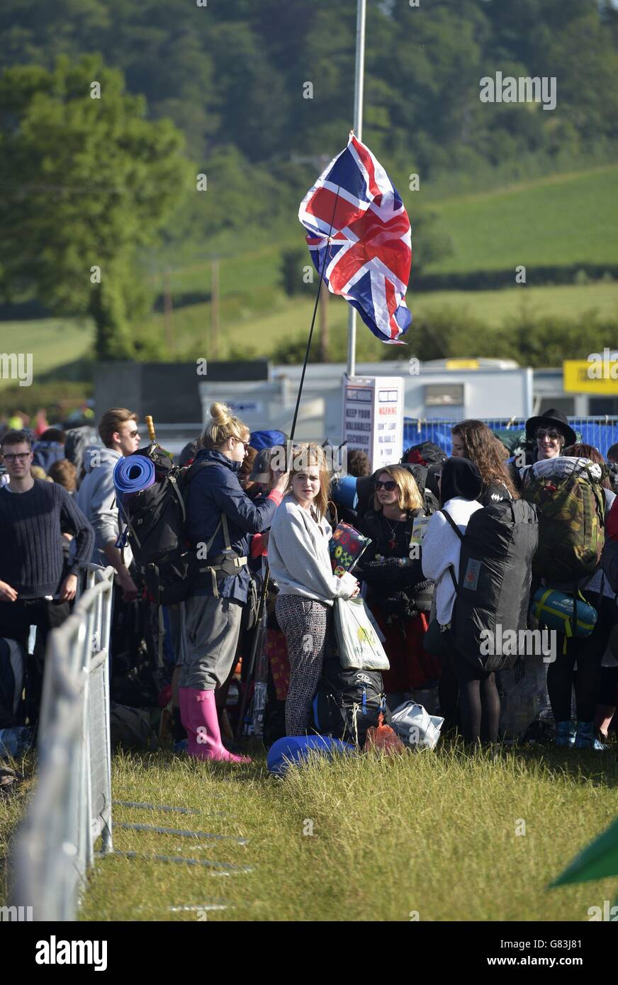 I festivali arrivano al festival di Glastonbury, presso la Worthy Farm nel Somerset. Foto Stock