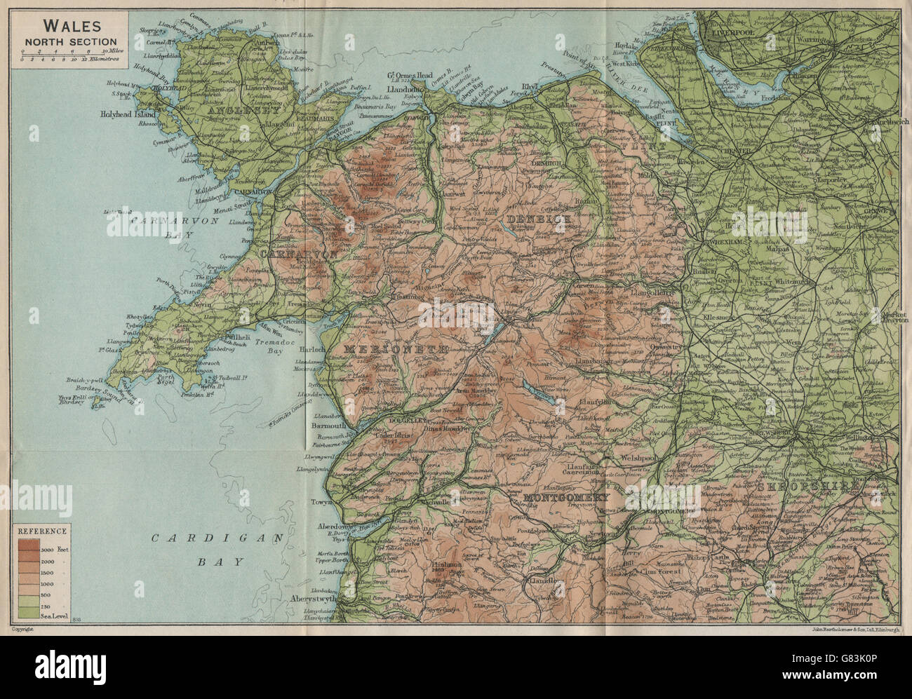 Il Galles del Nord. Anglesey Caernarvon Merioneth Montgomery Denbigh selce, 1926 Mappa Foto Stock