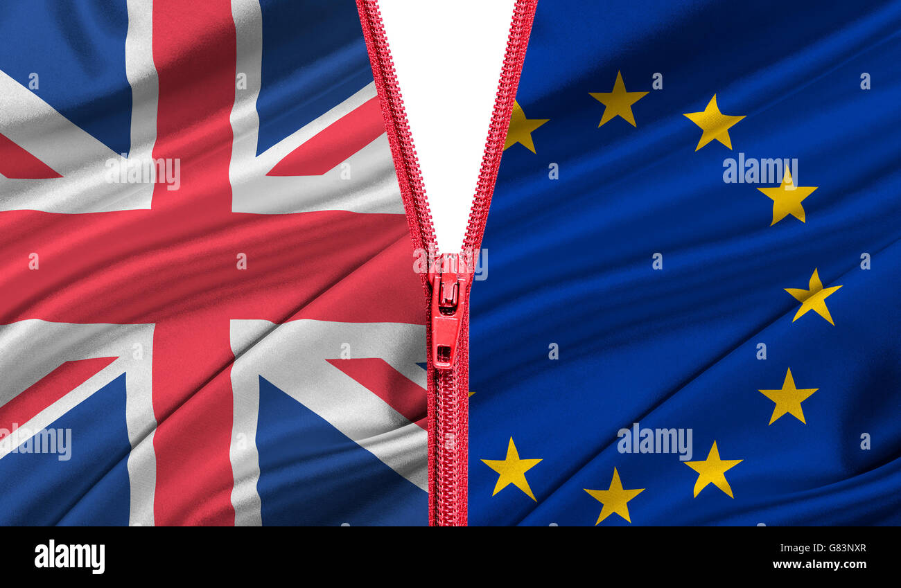 Brexit. Zipper separa le bandiere della UE e il Regno Unito. Uscita della Gran Bretagna dalla Unione Europea - concetto. Foto Stock
