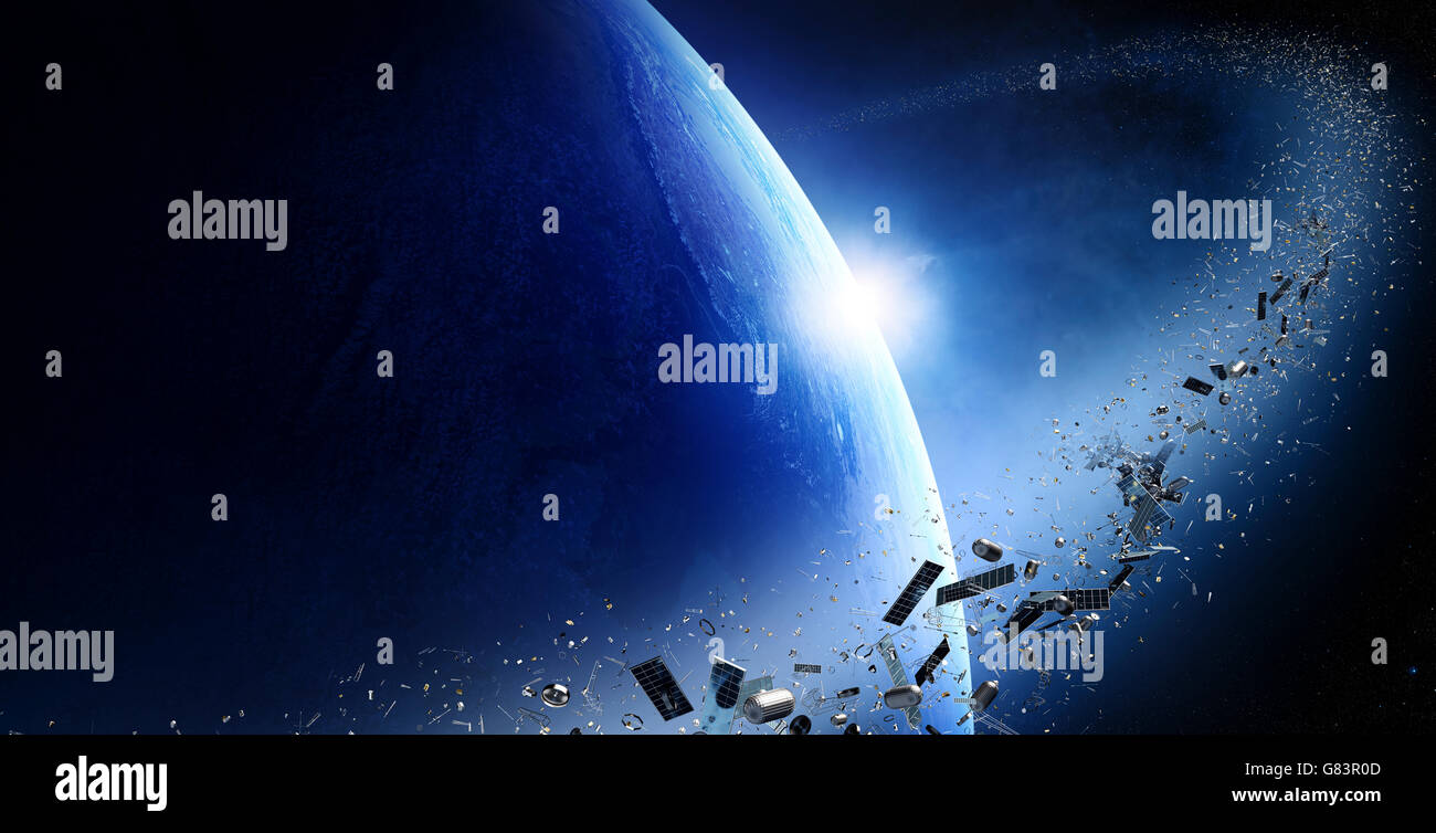 Spazzatura spaziale in orbita attorno alla terra - concettuale di inquinamento intorno al nostro pianeta (mappa di tessitura per 3d arredate dalla NASA - http://vis Foto Stock