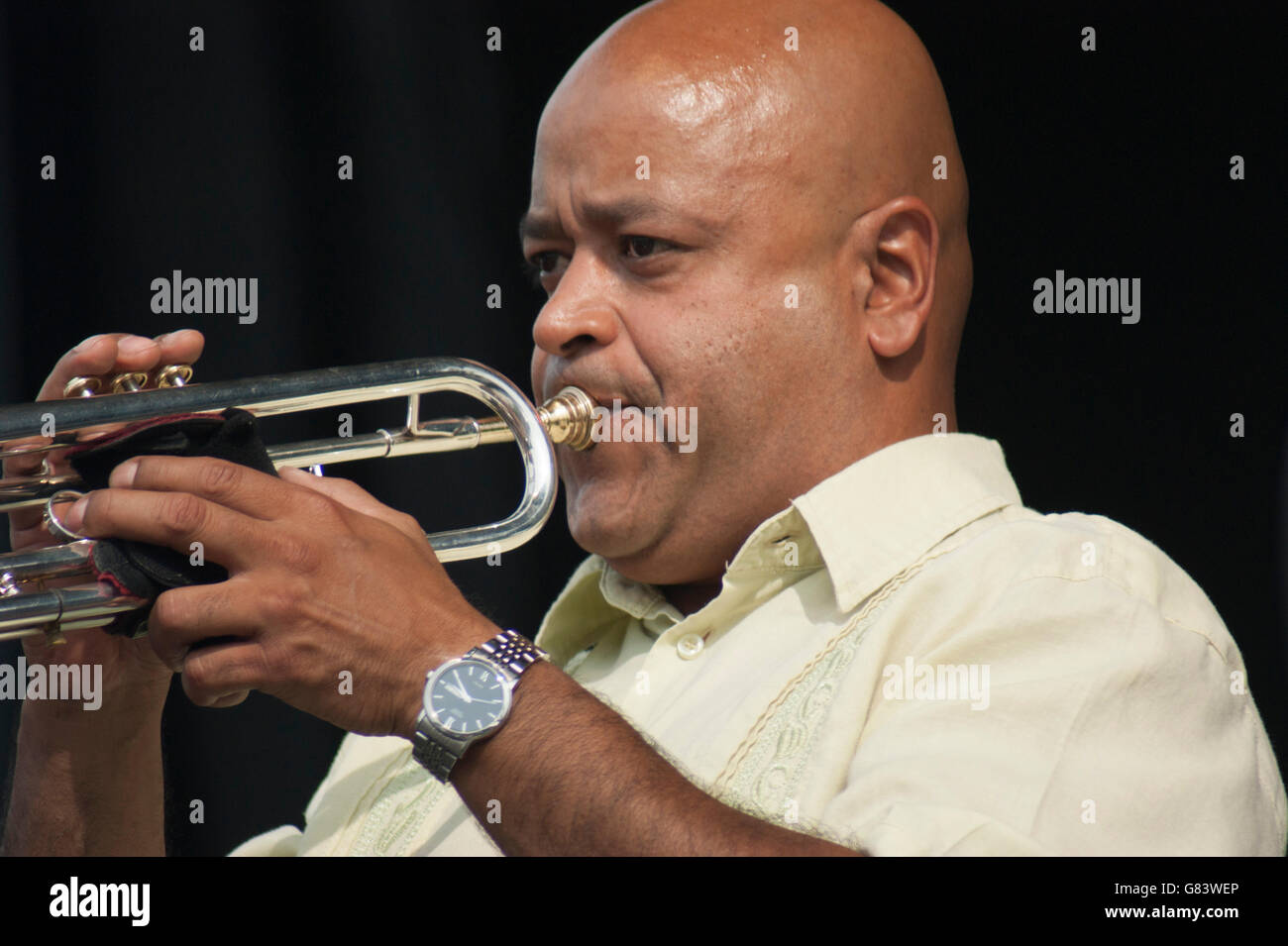Trumpeter Pete Nater gioca con Mitch Frohman & Bronx corna, un orchestra Mambo Foto Stock