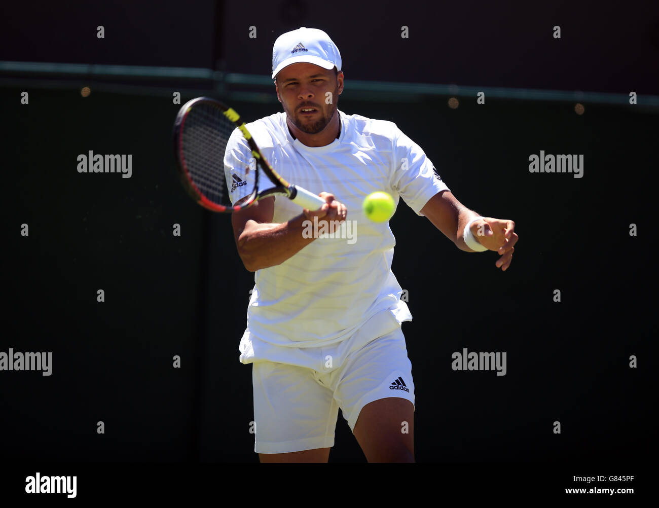 Jo-Wilfried Tsonga in azione contro Gilles Muller durante il secondo giorno dei Campionati di Wimbledon all'All England Lawn Tennis and Croquet Club di Wimbledon. Foto Stock