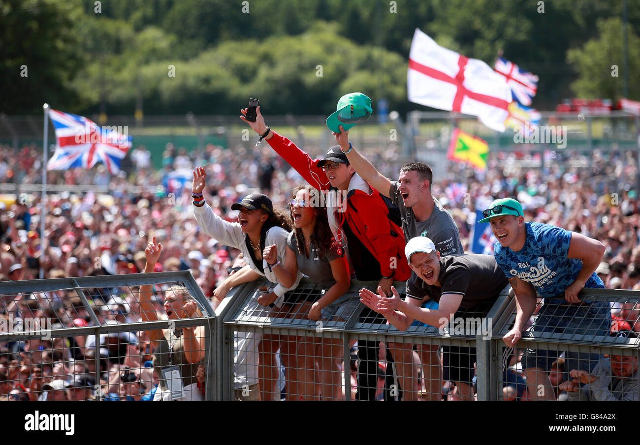 I fan celebrano la vittoria di Lewis Hamilton nel Gran Premio di Gran Bretagna del 2015 al circuito di Silverstone, Towcester. Foto Stock