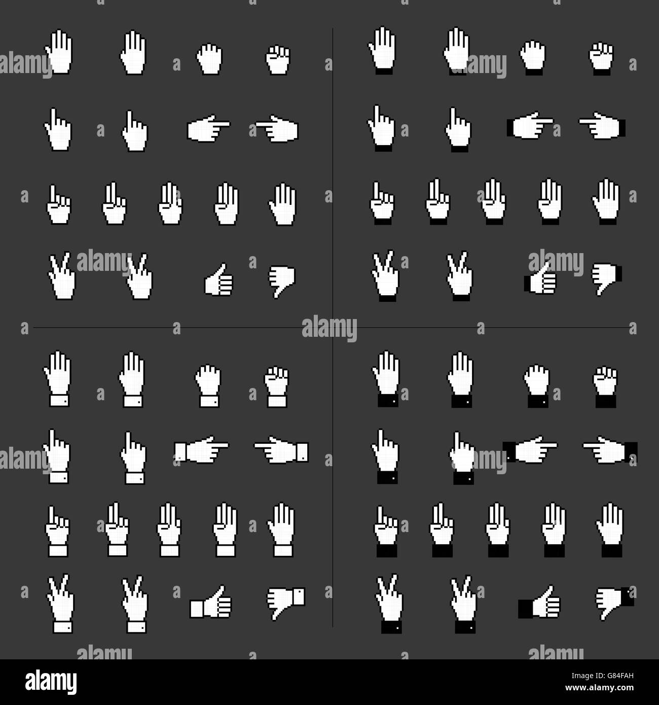 Le icone del cursore. Pixel cursore mano set. Classico elemento di web. Cursore del mouse. Puntatori a mano. Pixel indicatori del mouse. Pixel art. Il design di gioco. Simboli di Web. Illustrazione isolato. Vettore. Illustrazione Vettoriale