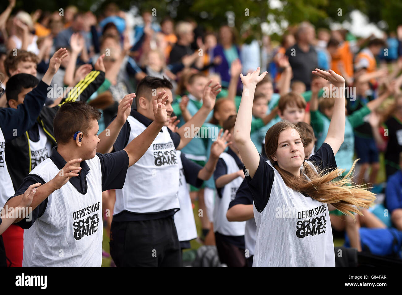 Atletica - Sainsbury's school games il lancio con Jonnie Peacock - Long Eaton Foto Stock