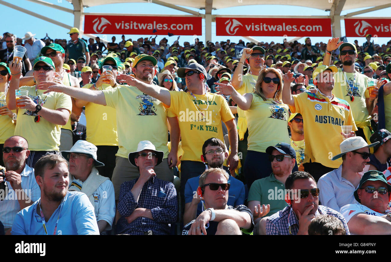 I fan australiani festeggiano un confine durante il primo Investec Ashes Test allo stadio SWALEC di Cardiff. Foto Stock