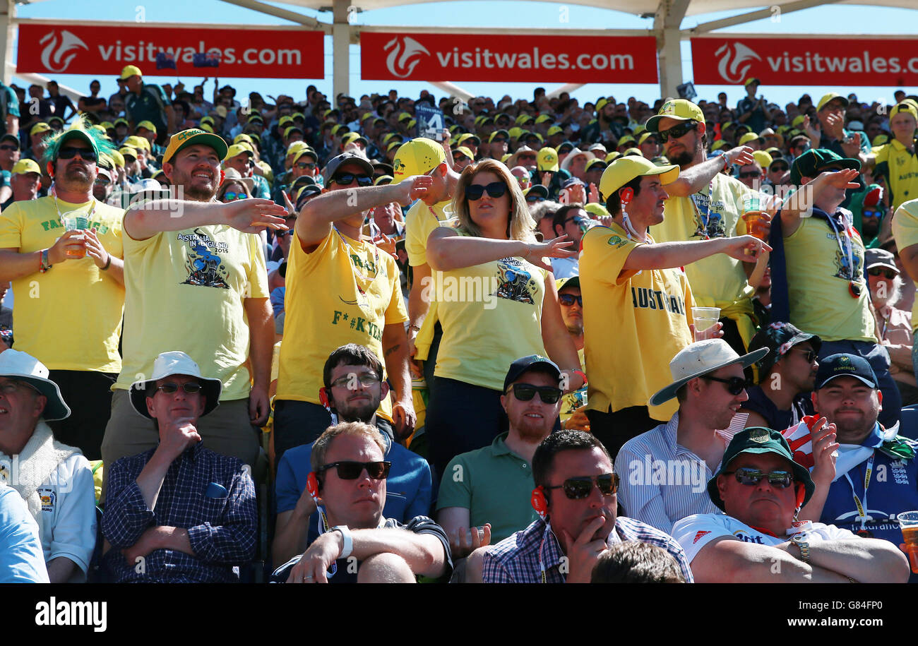 I fan australiani festeggiano un confine durante il primo Investec Ashes Test allo stadio SWALEC di Cardiff. Foto Stock