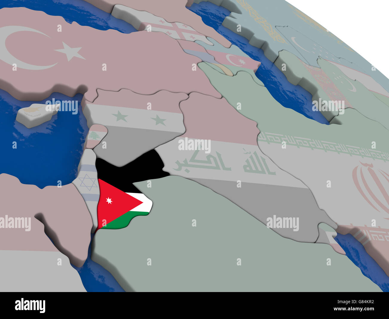 La Giordania con la bandiera evidenziato sul modello del globo. 3D illustrazione Foto Stock