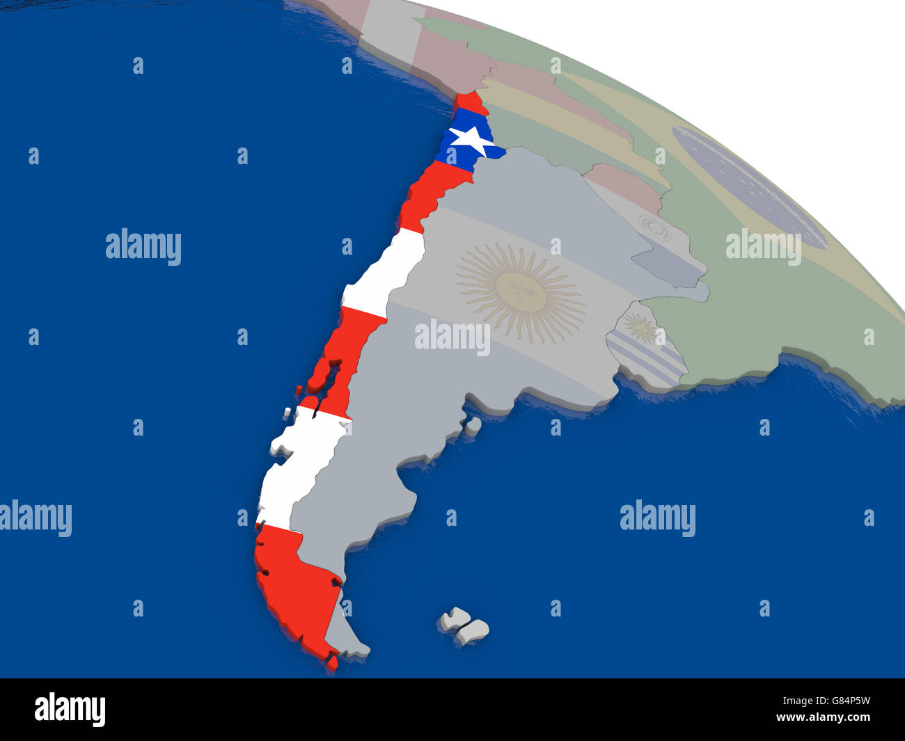 Il Cile con bandiera evidenziato sul modello del globo. 3D illustrazione Foto Stock