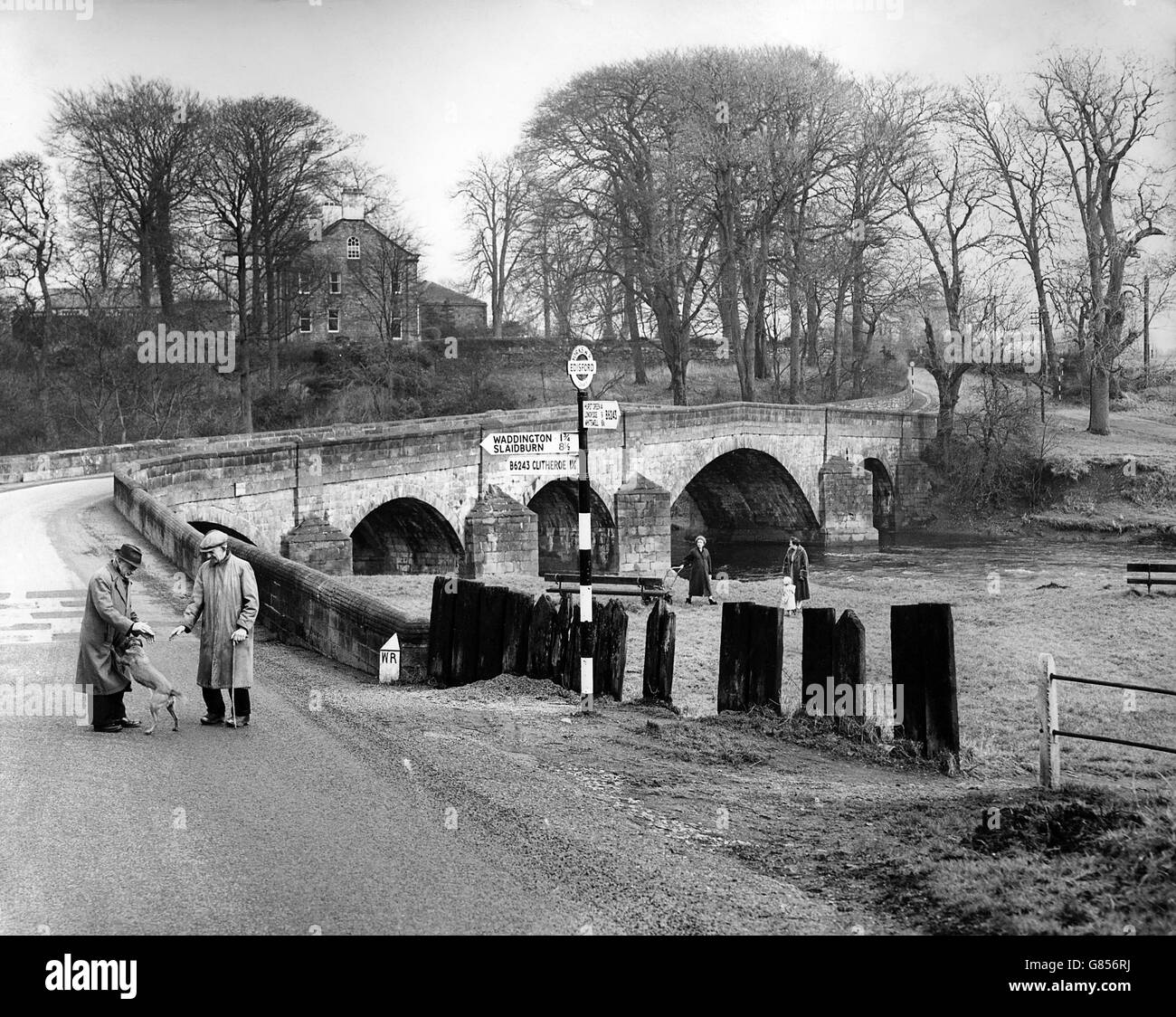 Il fiume Ribble corre sotto il ponte Edisford vicino Clitheroe, Lancashire. A questo punto, il fiume forma il confine tra il Lancashire e il West Riding dello Yorkshire. Foto Stock