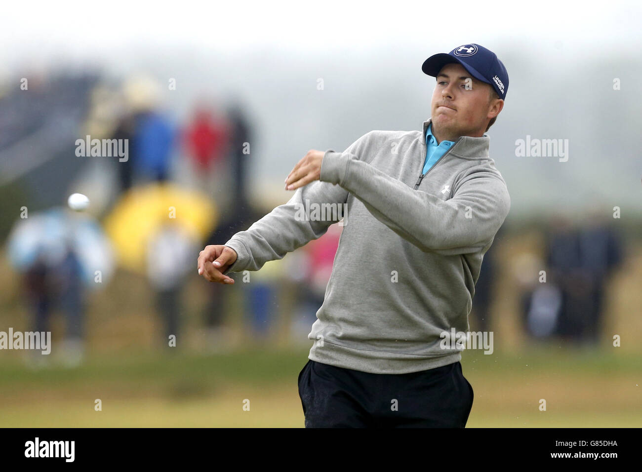 Golf - il Campionato Open 2015 - giorno cinque - St Andrews. Jordan Spieth degli Stati Uniti reagisce al suo doppio bogey sull'ottava buca durante il quinto giorno dell'Open Championship 2015 a St Andrews, Fife. Foto Stock