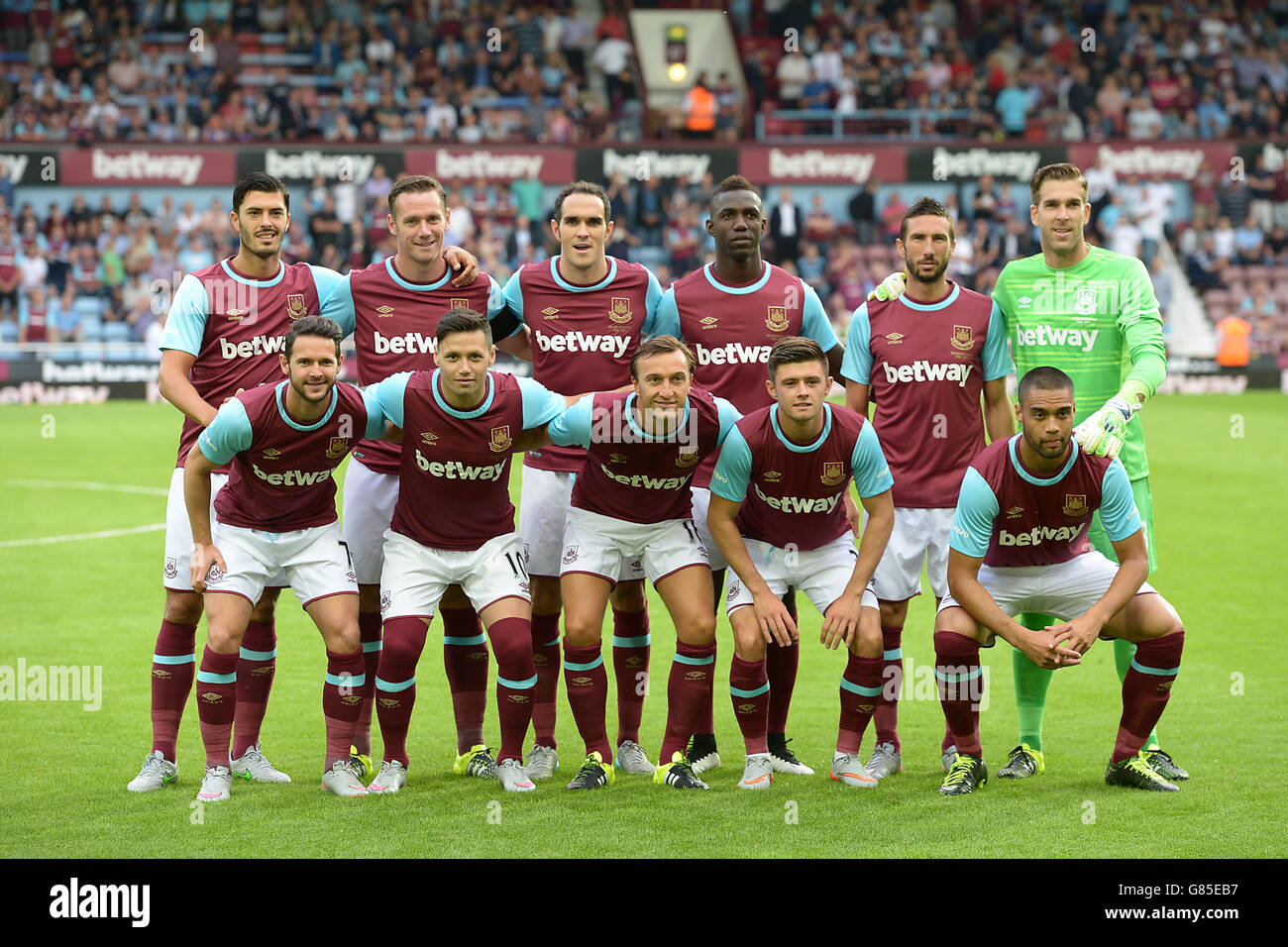 La formazione di partenza del West Ham (L-R) James Tomkins, Kevin Nolan, Joey o'Brien, Modibo Maiga, Morgan Amalfitano, Il portiere Adrian, Matt Jarvis, Mauro Karate, Mark Noble, Aaron Cresswell e Winston Reid Foto Stock