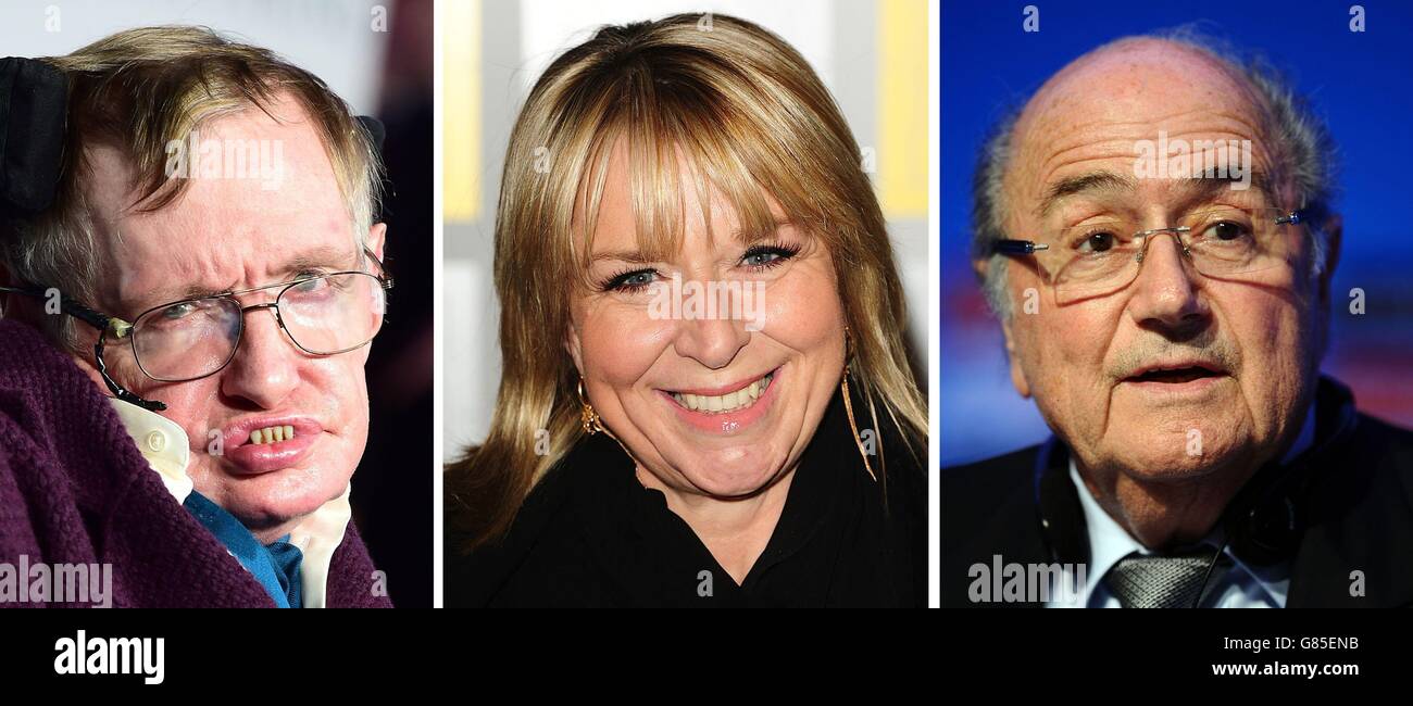 Foto di file non datate di Stephen Hawking, Fern Britton e Sep Blatter (da sinistra a destra). Foto Stock