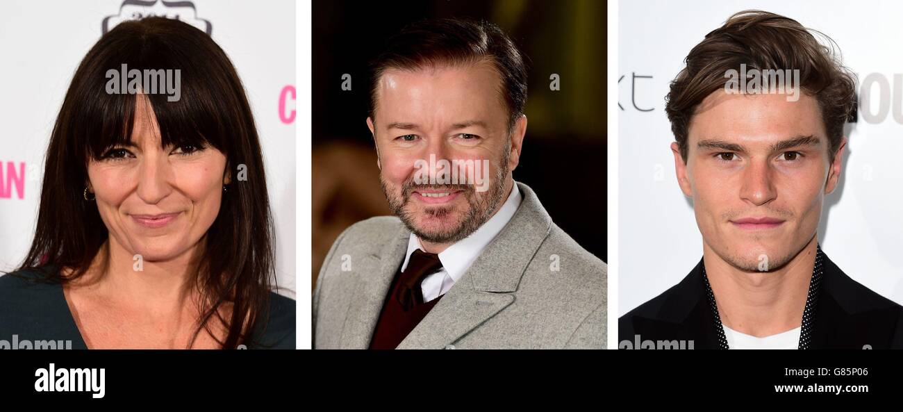 File foto di (da sinistra) Davina McCall, Ricky Gervais e Oliver Cheshire. Foto Stock