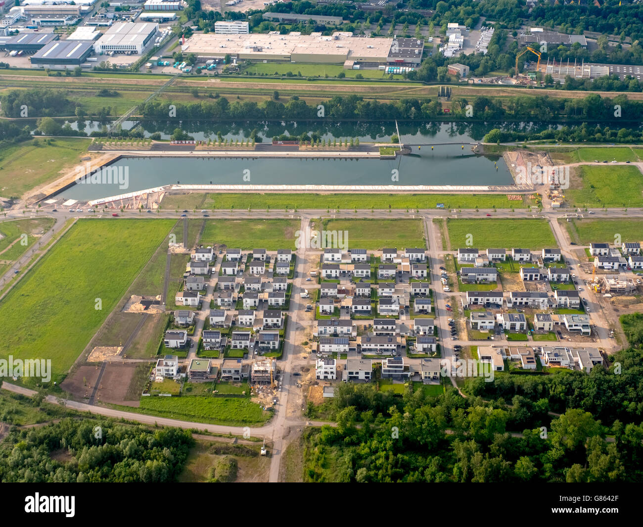 Vista aerea, Bismarck-Park, NRW-progetto urban area di sviluppo, nuovo quartiere Marina, case a schiera, Gelsenkirchen, Foto Stock