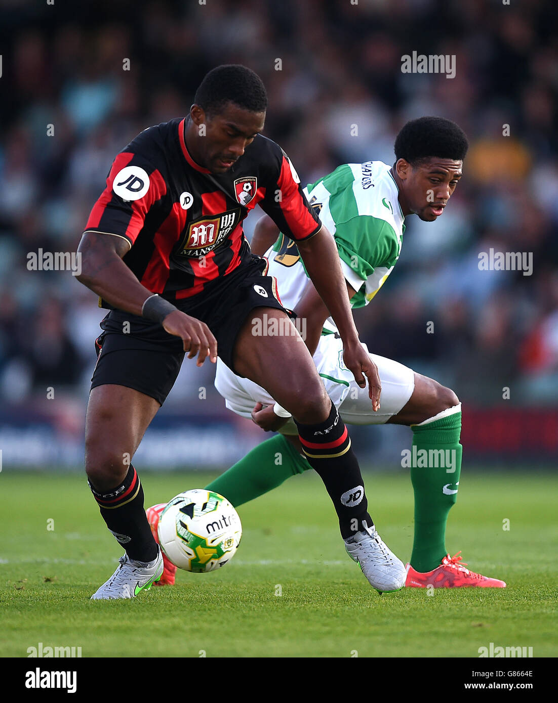 Sylvain Diston di Bournemouth (a sinistra) e Shaun Jeffers di Yeovil Town combattono per la palla durante il periodo pre-stagione amichevole a Huish Park, Yeovil. Foto Stock