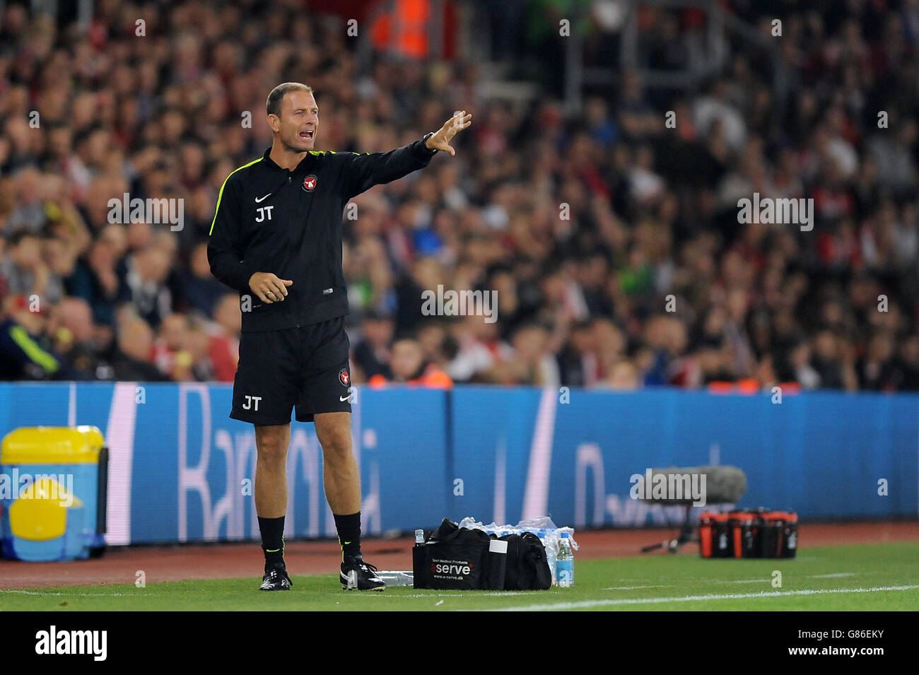 Jess Thorup, direttore del FC Midtjylland, si aggirerà sulla linea di contatto durante la UEFA Europa League, i Play-off di qualificazione, prima tappa al St Mary's Stadium di Southampton. Foto Stock