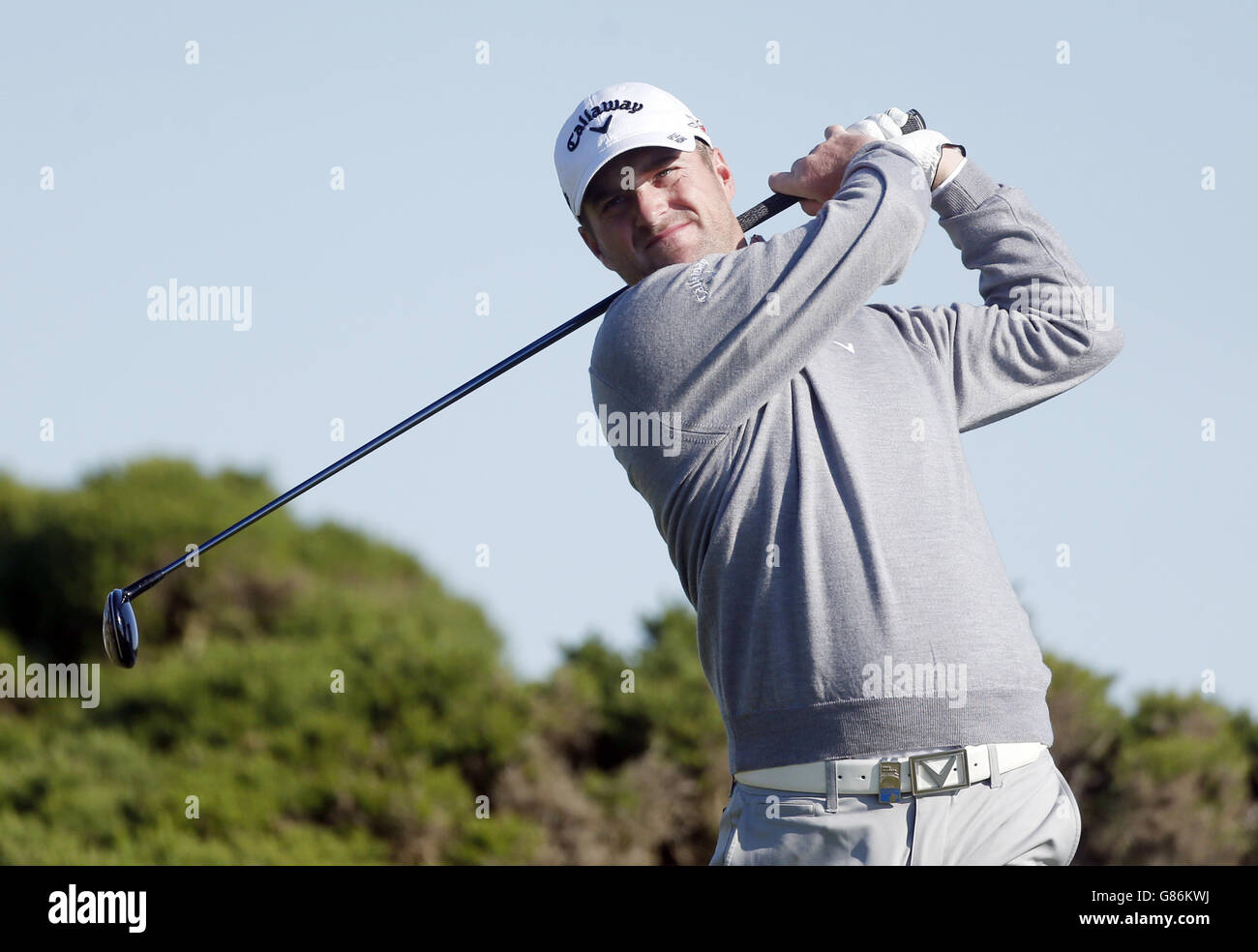 Marc Warren della Scozia sul terzo tee durante il terzo giorno del Sautyre Energy Paul Lawrie Match Play al Murcar Links Golf Club, Aberdeen. Foto Stock