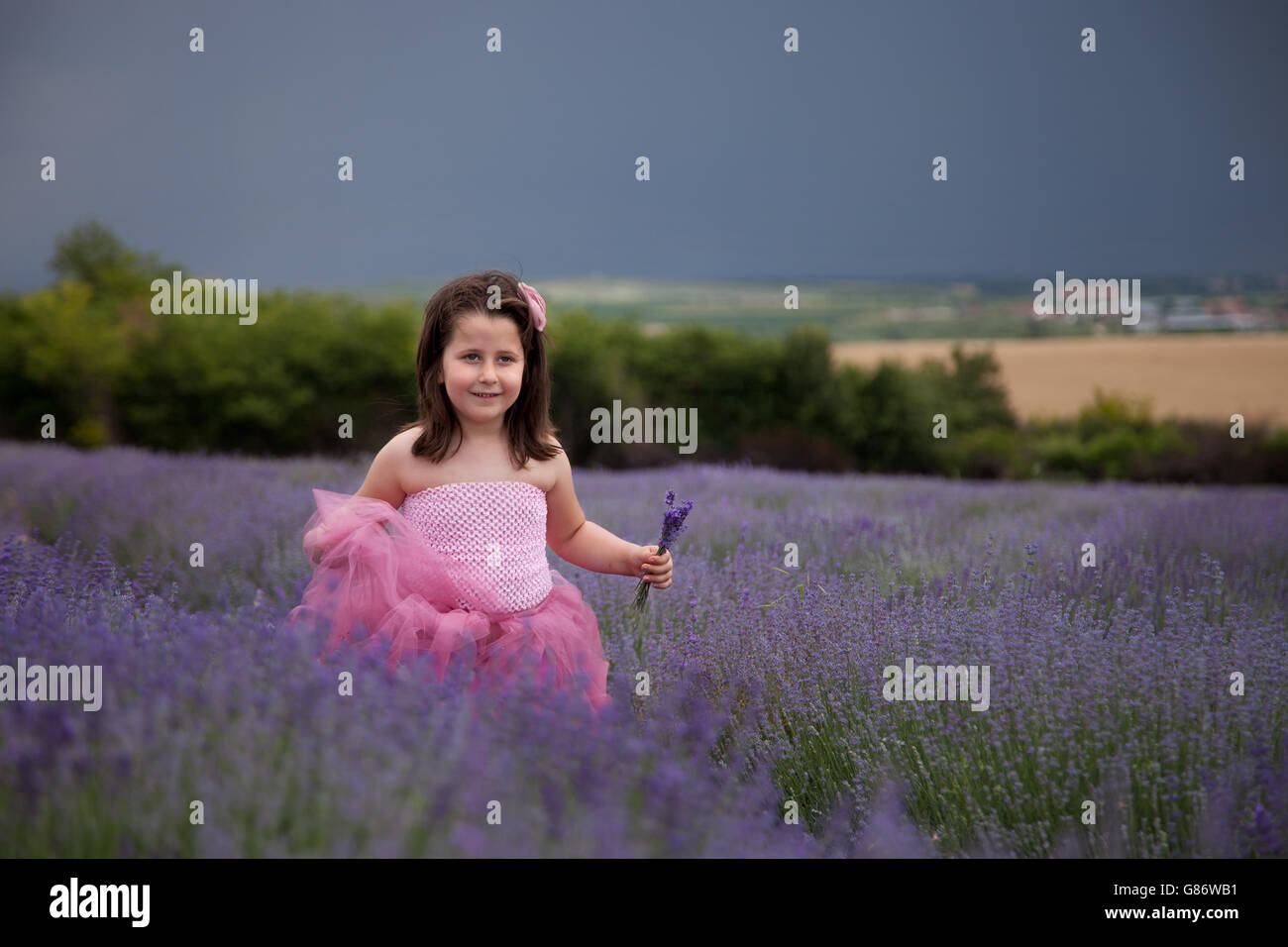 Ragazza che corre attraverso il campo di lavanda Foto Stock