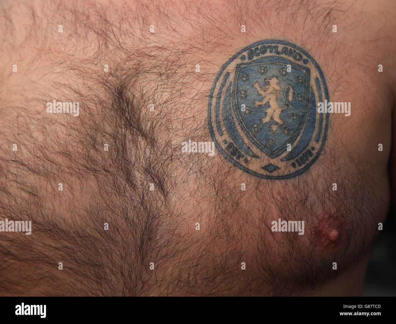 Tifosi scozzesi con tatuaggio della squadra di calcio scozzese in petto prima della partita di qualificazione del Campionato europeo UEFA alla Boris Paichadze Dinamo Arena di Tbilisi. Data immagine: Venerdì 4 settembre 2015. Scopri la storia della Pennsylvania SOCCER Georgia. Il credito fotografico dovrebbe essere: Nick Potts/PA Wire. RESTRIZIONI: L'uso è soggetto a limitazioni. Uso commerciale solo previo consenso scritto della fa scozzese. Foto Stock