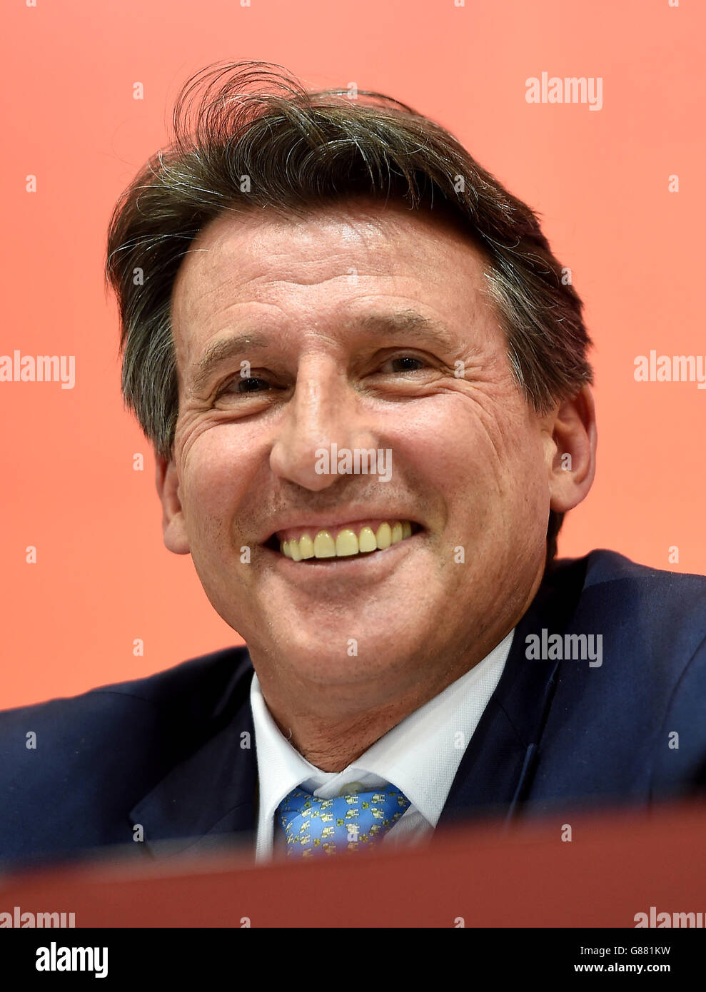 il presidente della IAAF Sebastian Coe durante una conferenza stampa il giorno 9 dei Campionati del mondo della IAAF allo Stadio Nazionale di Pechino, Cina. PREMERE ASSOCIAZIONE foto. Data immagine: Domenica 30 agosto 2015. Scopri la storia DI PA ATHLETICS World. Il credito fotografico dovrebbe essere: Martin Rickett/PA Wire. RESTRIZIONI: Nessuna trasmissione di suoni o immagini in movimento e nessuna simulazione video. Per ulteriori informazioni, chiamare il numero 44 (0)1158 447447 Foto Stock