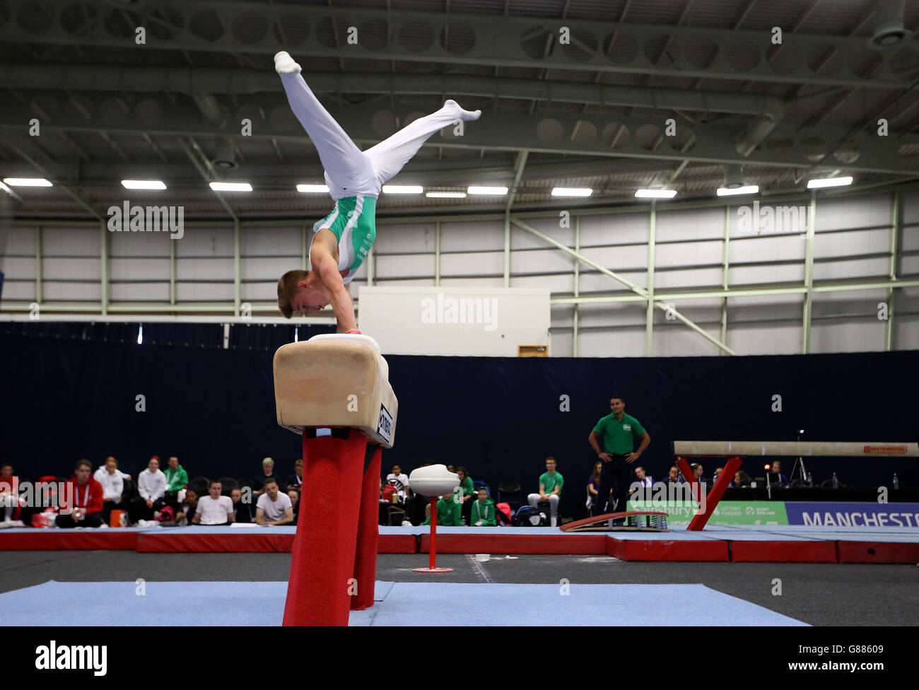 Ewan McAteer dell'Irlanda del Nord sul cavallo da pommel nella ginnastica durante i Giochi scolastici 2015 di Sainsbury a Manchester. PREMERE ASSOCIAZIONE foto. Data immagine: Sabato 5 settembre 2015. Il credito fotografico dovrebbe essere: Steven Paston/PA Wire Foto Stock