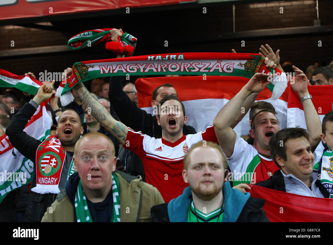 Calcio - Campionato europeo UEFA Qualifiche - Gruppo F - Irlanda del Nord / Ungheria - Windsor Park. Tifosi ungheresi durante la partita di qualificazione del Campionato europeo UEFA al Windsor Park di Belfast. Foto Stock