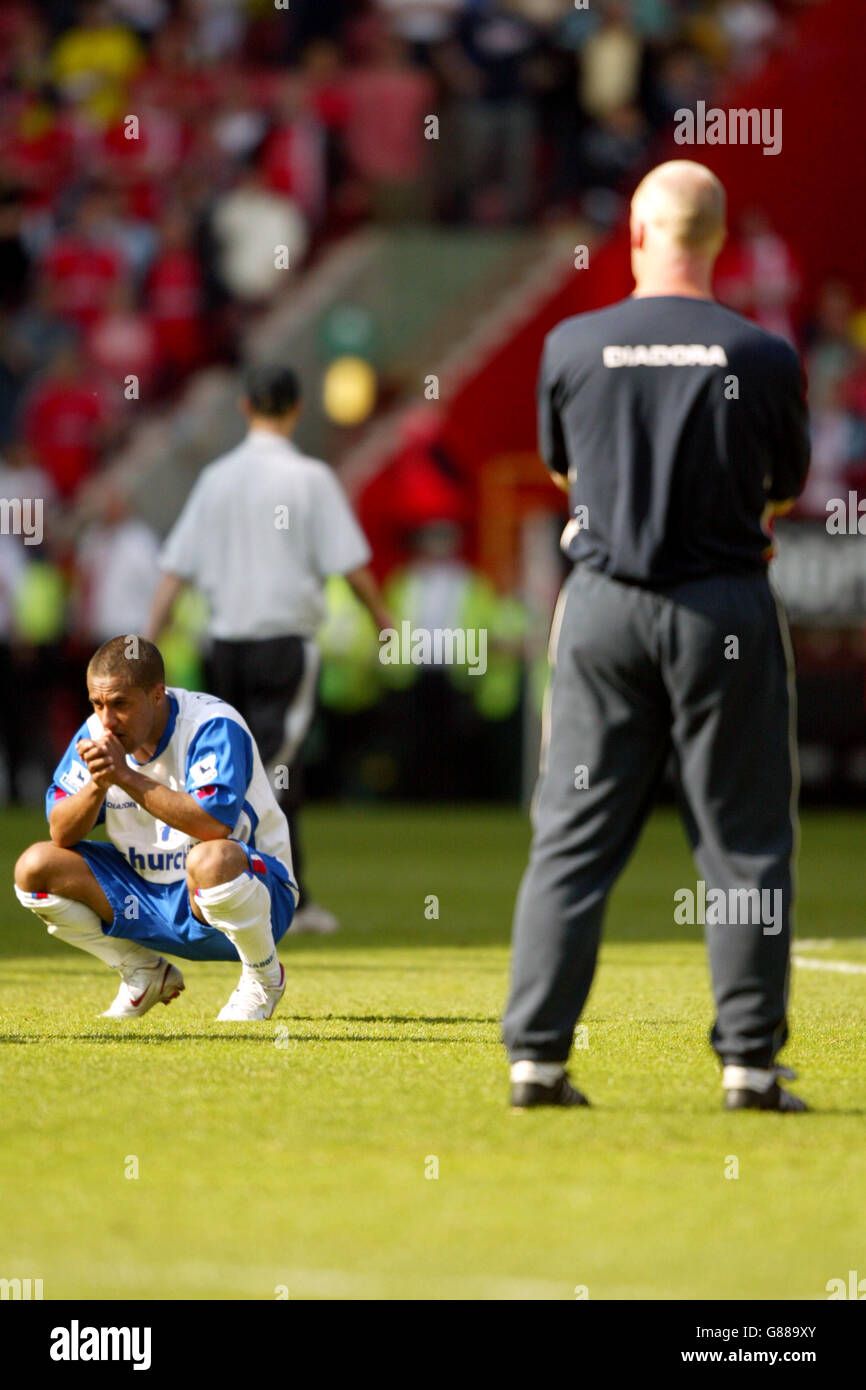 Il manager di Crystal Palace, Iain Dowie, si alza in piedi per la finale Fischio come Wayne Routledge inginocchiato giù espulso Foto Stock