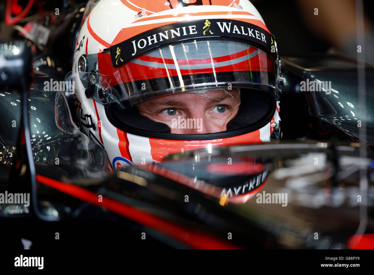 McLaren's Jenson Button durante la giornata di prove libere per il Gran Premio d'Italia 2015 a Monza. Foto Stock