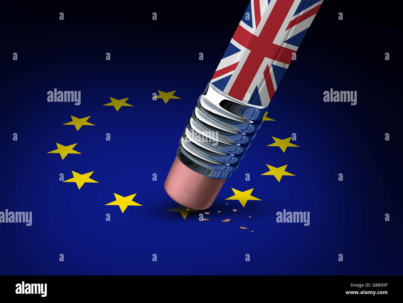 La Gran Bretagna Unione europea decisione come un brexit lasciare il concetto e il Regno Unito di lasciare un voto o zona euro crisi come una matita con la bandiera britannica la cancellazione di una stella dell'Europa icona come 3D'illustrazione. Foto Stock