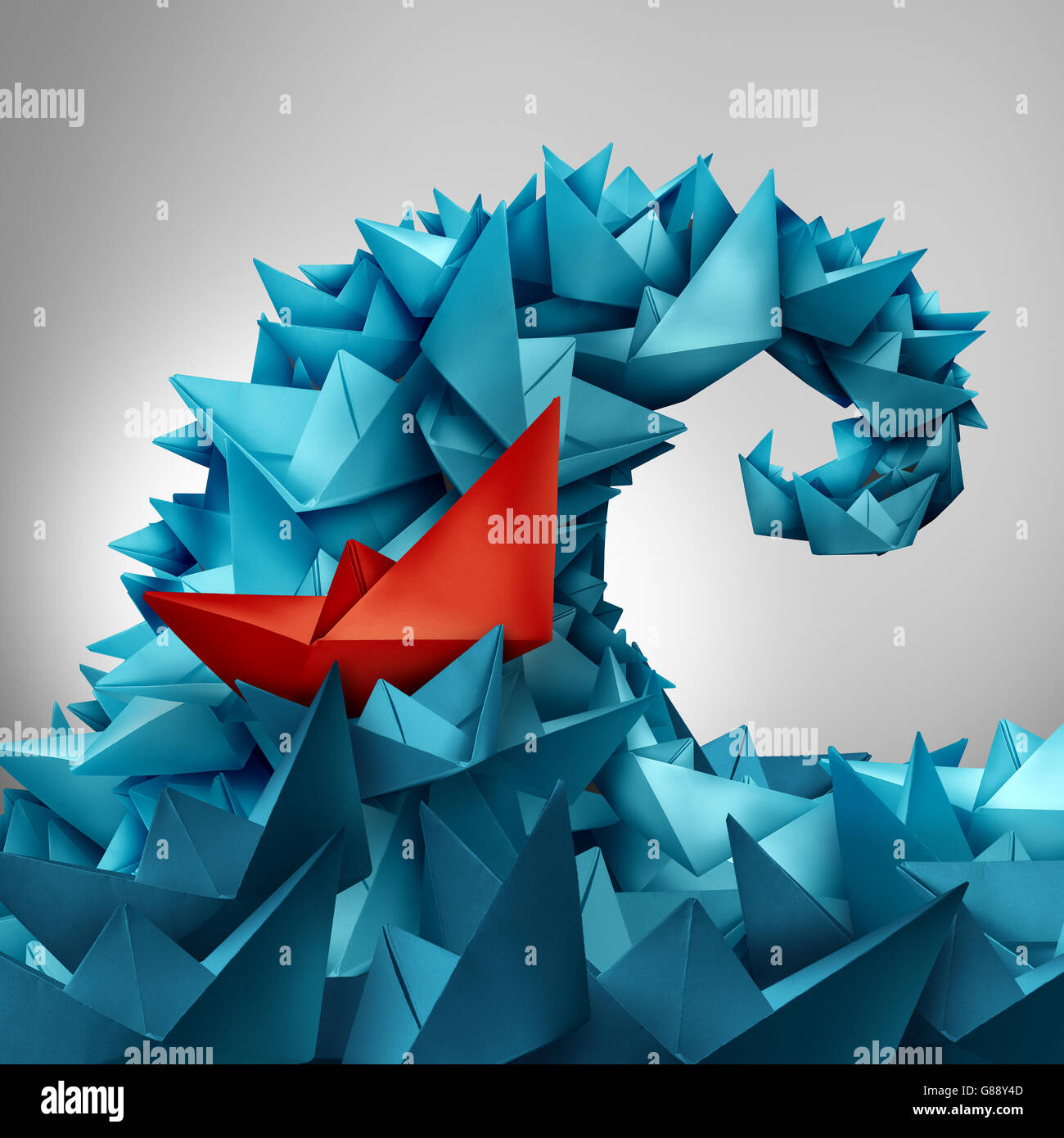 Catturati in un'onda come un concetto di business dei seguenti formati di tendenze sociali o corporate insider come un oceano splash fatta di carta Foto Stock