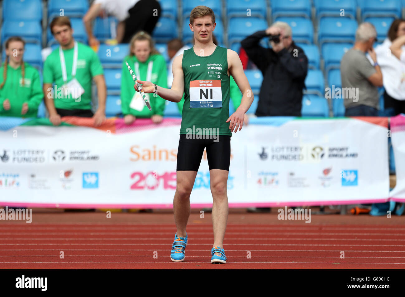 Michael Gaffney dell'Irlanda del Nord partecipa ai giochi scolastici 2015 di Sainsbury presso la Manchester Regional Arena. Foto Stock