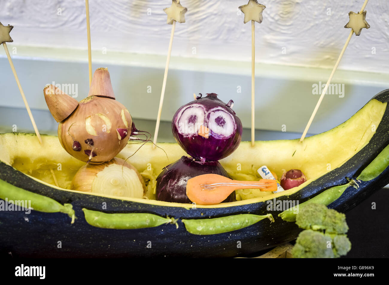 Foto. Una scultura della filastrocca 'il gufo e il pussycat' fatta di verdure da Lois Field vince il primo premio nella categoria di 12-16 anni al Newent Onion Fayre, Gloucestershire. Foto Stock