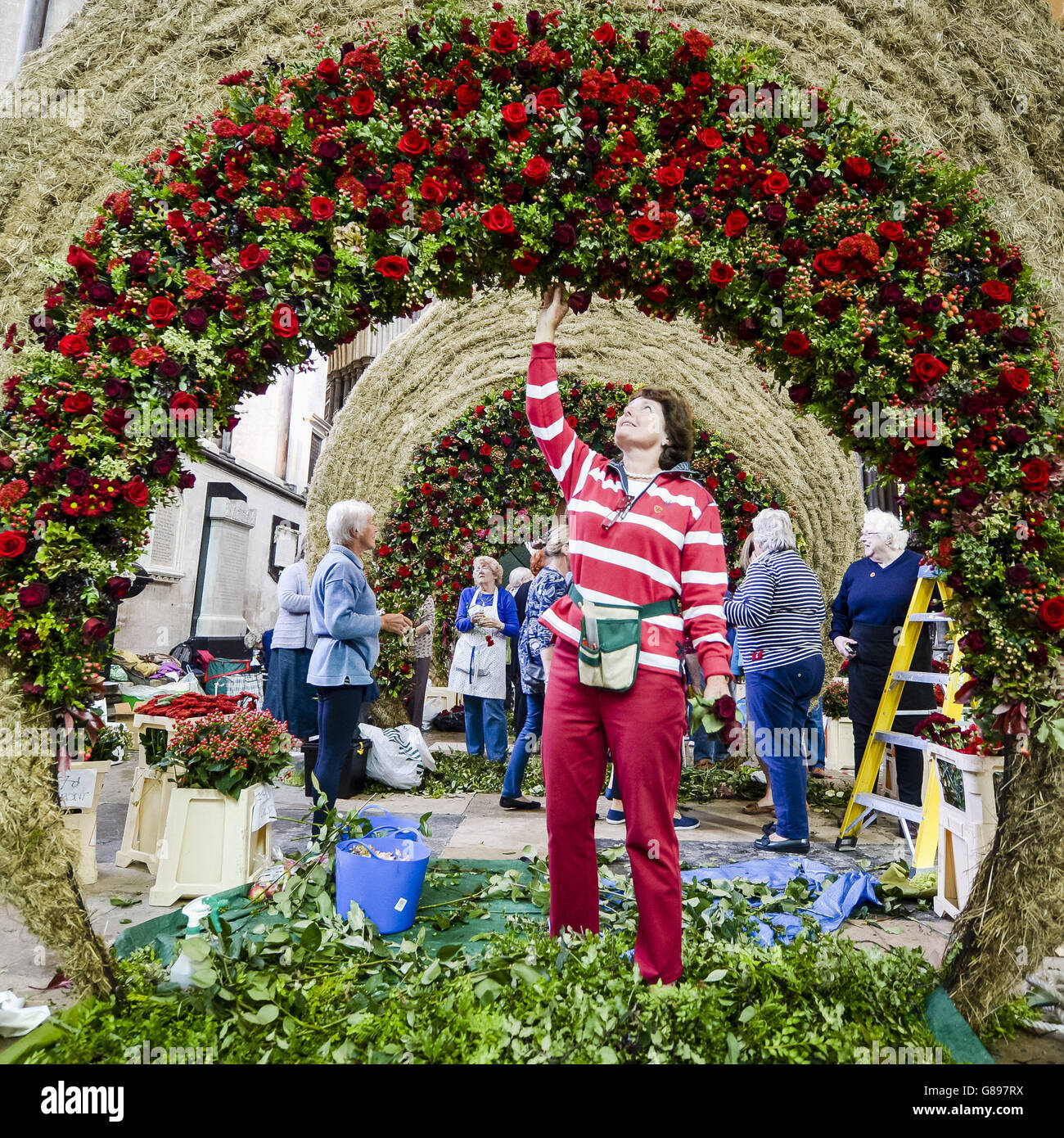Nicky Green, dal Chalk Valley Flower Club, aggiunge rose rosse e altra flora e fauna a una scultura all'interno della cattedrale di Salisbury nel Magna Flora Flower Festival, che vede 500 arrangiatori di fiori prendere parte alla creazione di una grande mostra ispirata alla Magna carta, con 30,000 fiori. Foto Stock
