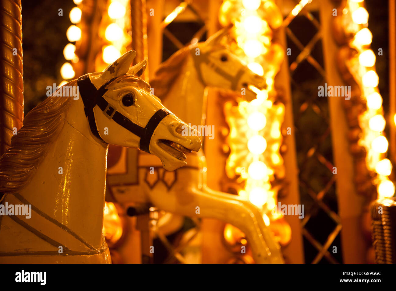 Tradizionale cavalli in legno su un merry-go-round di notte con illuminazione colorata Foto Stock