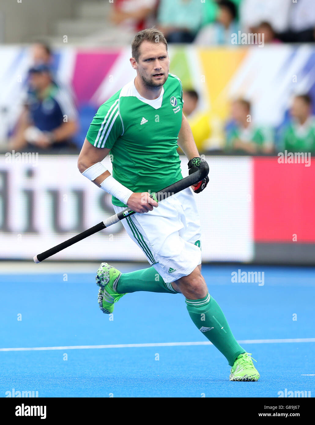 Hockey 2015 Unibet Euro Hockey Championships - Bronze Medal Match - Irlanda / Inghilterra - Lee Valley Hockey and Tennis Center. Paul Gleghorne in Irlanda durante la partita di medaglia di bronzo al Lee Valley Hockey and Tennis Center di Londra. Foto Stock